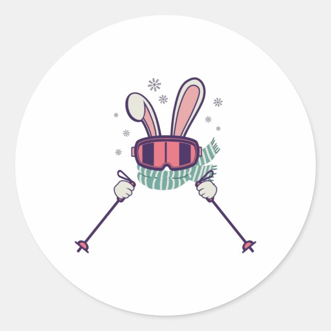 Sticker Rond Ski Rabbit avec bâtons de ski et lunettes de ski (Devant)