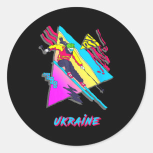 Sticker Rond Skieur graphique d'aventure de ski en Ukraine styl