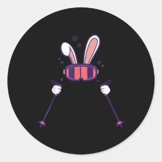 Sticker Rond Skiing Rabbit Ski Poles Ski Goggles Easter Bunny 