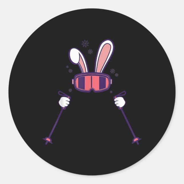 Sticker Rond Skiing Rabbit Ski Poles Ski Goggles Easter Bunny  (Devant)
