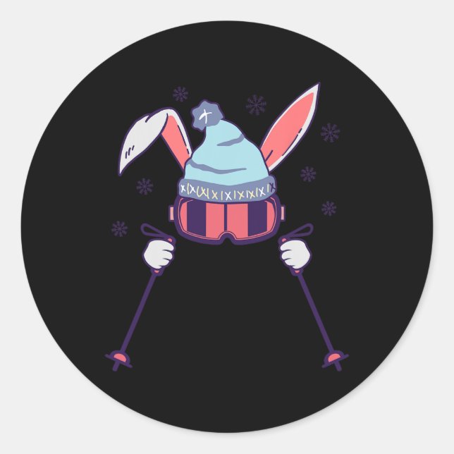 Sticker Rond Skiing Rabbit With Goggles And Ski Beanie Winter S (Devant)