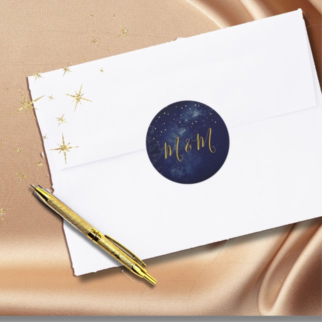 Sticker Rond Sky Moon Gold Stars Mariage bleu (Créateur téléchargé)