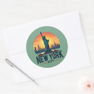 Sticker Rond Skyline de New York avec Statue de la Liberté