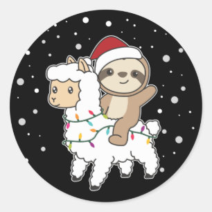 Sticker Rond Sloth Lama Noël Neige hiver Animaux Classique R