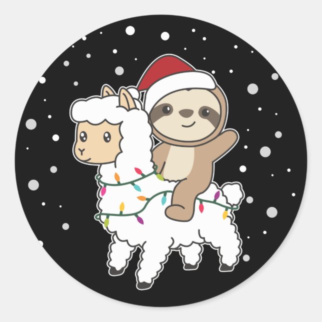 Sticker Rond Sloth Lama Noël Neige hiver Animaux Classique R (Devant)