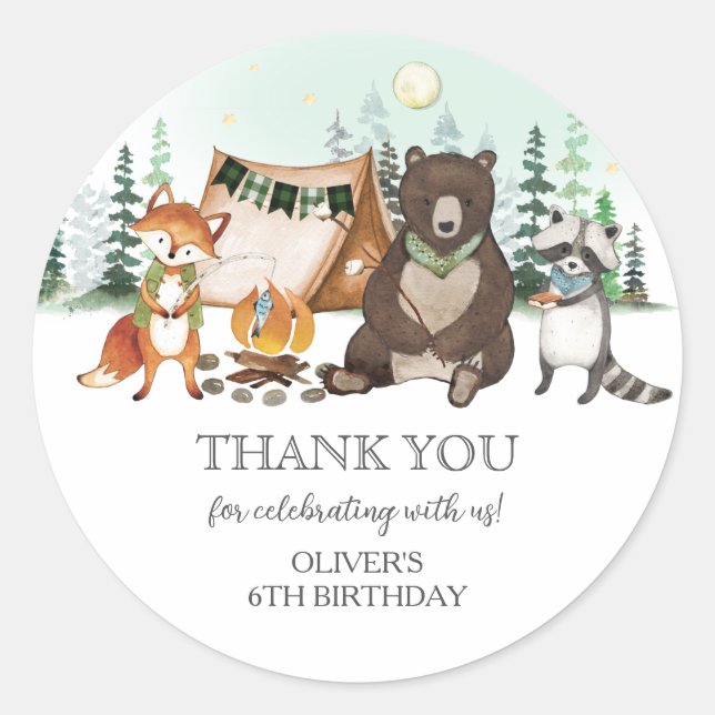 Sticker Rond S'more Camping Ours Fox Raccoon Bonfire Anniversai (Devant)