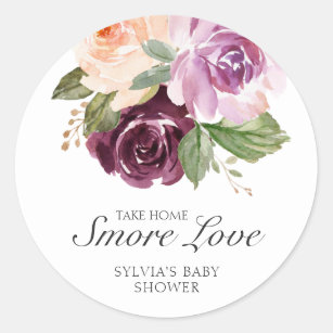 Sticker Rond Smore Love Plum Floral Girl Baby shower Favoriser