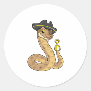 Sticker Rond Snake as Pirate with Hook Hand & Eye patch