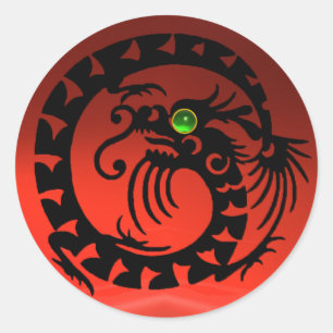Sticker Rond SNAKE DRAGON, noir, rubis rouge, émeraude verte
