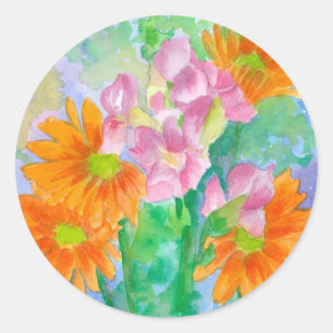 Sticker Rond Snapdragons de marguerite Aquarelle Orange Fleurs 