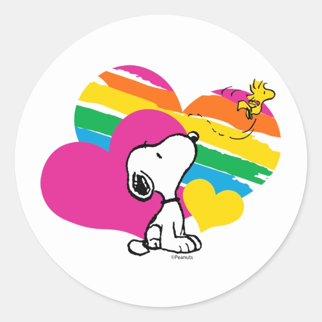Sticker Rond Snoopy et Woodstock | Coeurs arc-en-ciel (Devant)