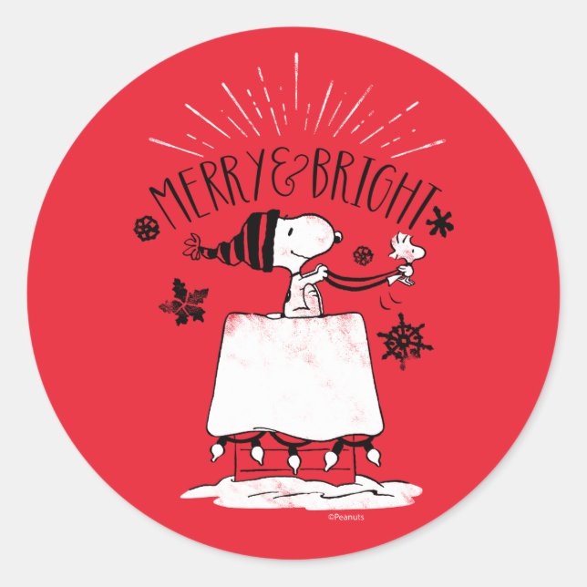 Sticker Rond Snoopy et Woodstock - Joyeux et lumineux (Devant)