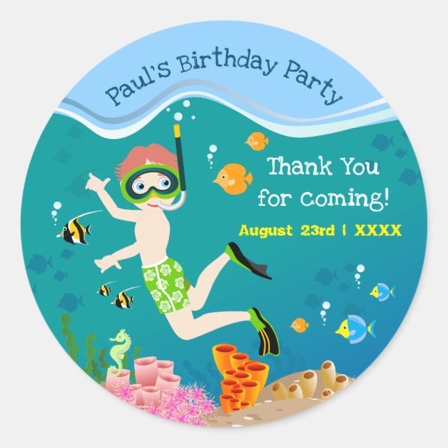 Sticker Rond Snorkeling avec poisson tropical garçon fête d'ann (Devant)