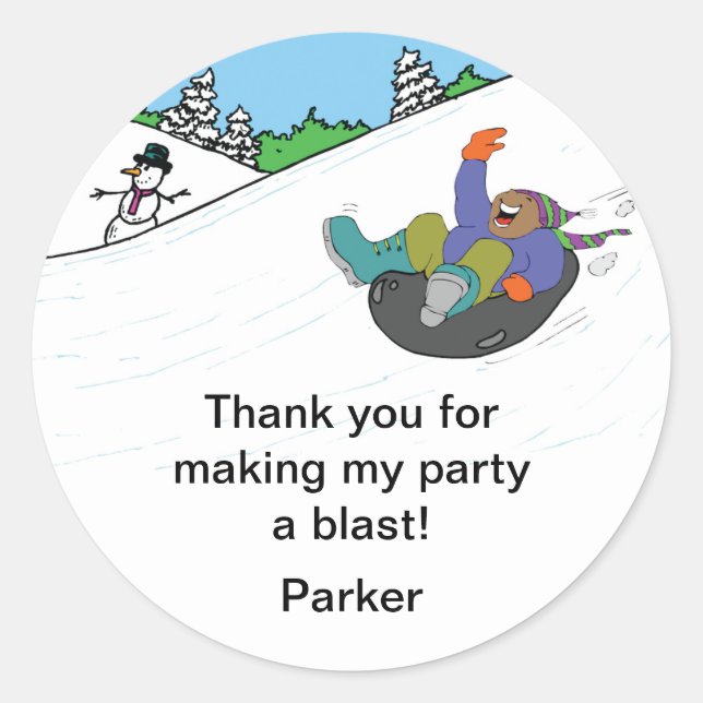 Sticker Rond Snow Tubing Anniversaire Fête Favoriser GARÇON pea (Devant)