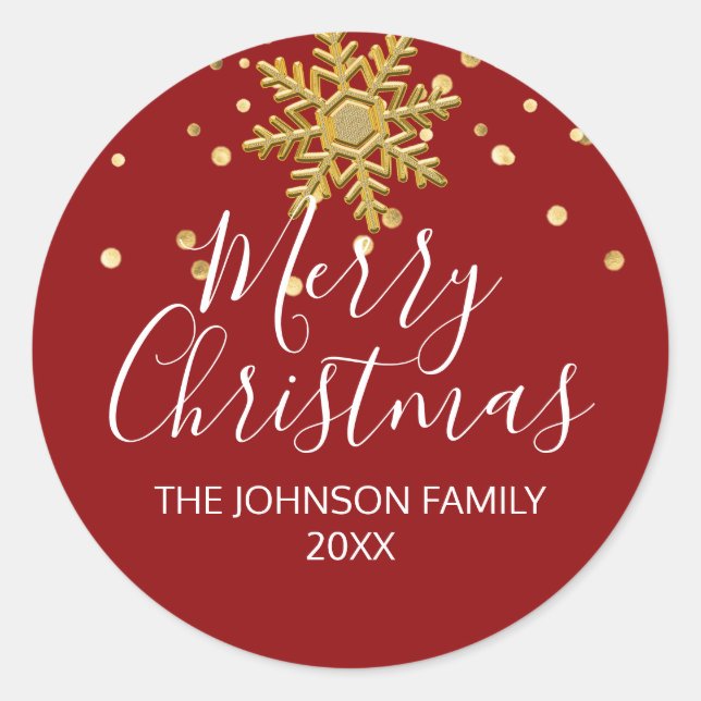 Sticker Rond Snowflake RED Gold Confetti Joyeux Noël (Devant)