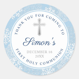 Sticker Rond Snowflakes d'hiver Blue Silver Première communion 