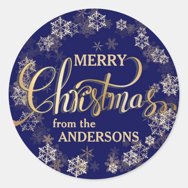 Sticker Rond Snowflakes sur Blue Gold Letter Joyeux Noël (Devant)