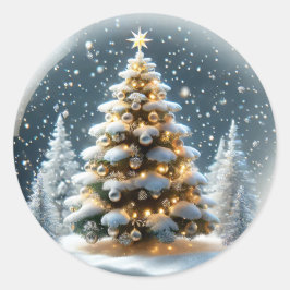 Sticker Rond Snowglobe avec sapin de Noël en neige