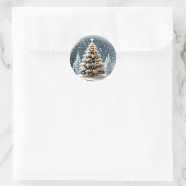 Sticker Rond Snowglobe avec sapin de Noël en neige (Sac)