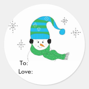 Sticker Rond Snowman Avec Casquette et Écharpe