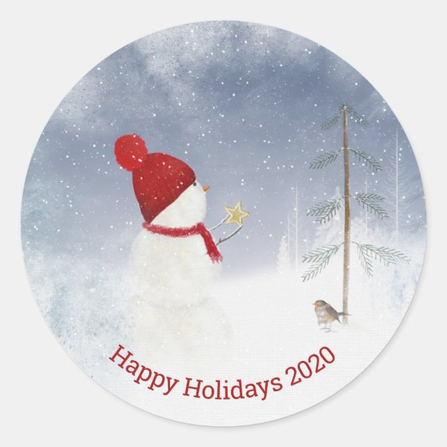 Sticker Rond Snowman avec l'étoile d'or de Noël (Devant)