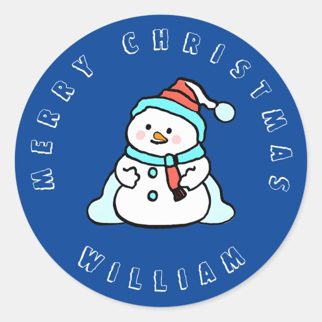 Sticker Rond Snowman Avec Nom Personnalisé | Blue de la marine  (Devant)