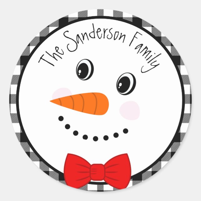 Sticker Rond Snowman avec Red Bowtie Black Buffalo Plaid Trier (Devant)