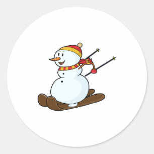Sticker Rond Snowman comme skieur avec ski et Casquette