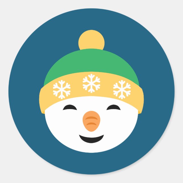 Sticker Rond Snowman de Noël en Casquette vert sur bleu (Devant)
