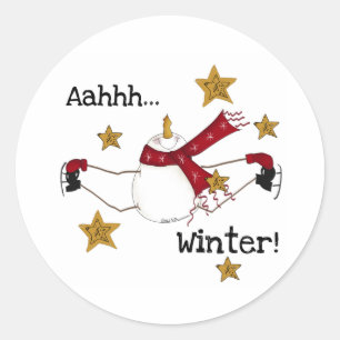 Sticker Rond Snowman d'hiver sur patins à glace