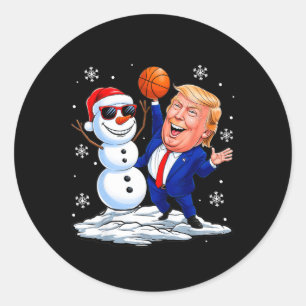 Sticker Rond Snowman Joue Au Basket Avec Trump Christmas Funn