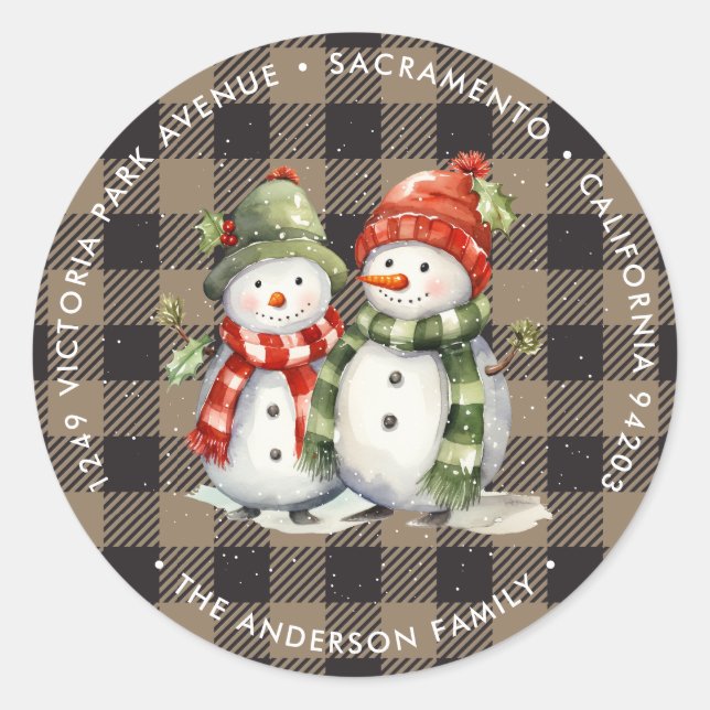 Sticker Rond Snowman Plaid Christmas Retourner l'adresse Étique (Devant)