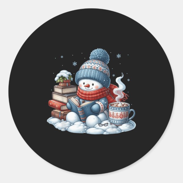 Sticker Rond Snowman Reading Books Lovers Librarian Bookworm Ch (Devant)