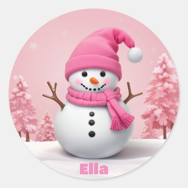 Sticker Rond Snowman rose mignon Noël personnalisé (Devant)