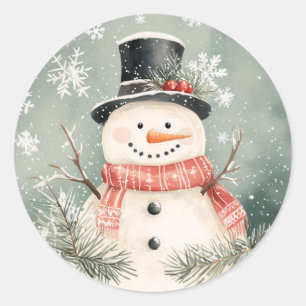 Sticker Rond Snowman Snowflakes et illustration de verdure