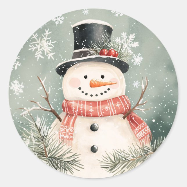 Sticker Rond Snowman Snowflakes et illustration de verdure (Devant)