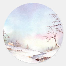 Sticker Rond Snowy Bridge Watercolor Landscape