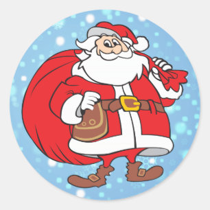 Sticker Rond Snowy Père Noël et son grand sac de cadeaux