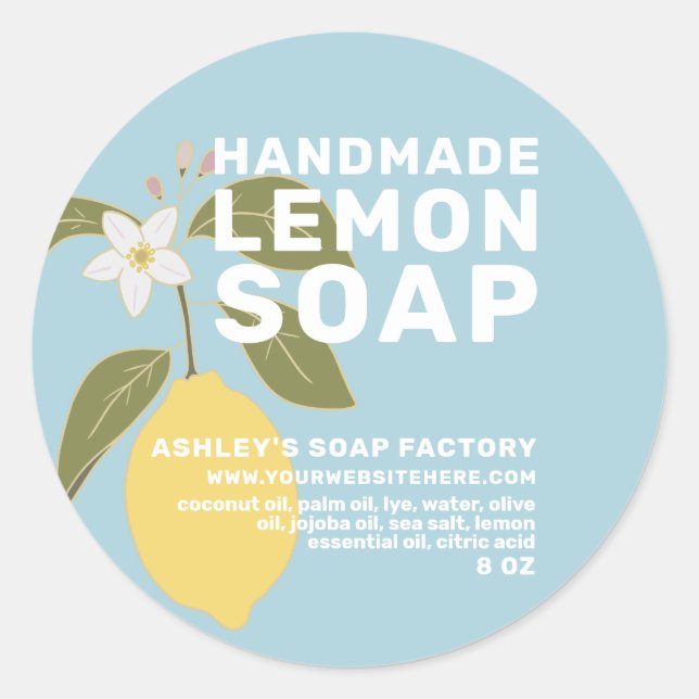 Sticker Rond Soap au citron artisanal moderne Botanique Bleu (Devant)
