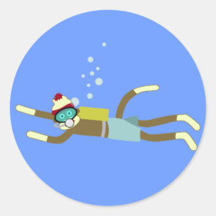 Sticker Rond Sock Monkey Scuba Diver