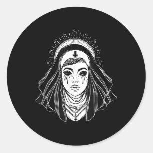 Sticker Rond Soeur Goth de Religion Noire - Tatto de Croix Goth