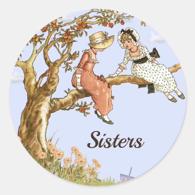 Sticker Rond Soeurs, filles Vintages dans l'arbre à pomme (Devant)