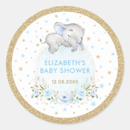 Sticker Rond Soft Blue Gold Boy Elephant Baby shower Faveurs
