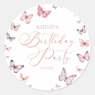 Sticker Rond Soft rose papillon fête d'anniversaire