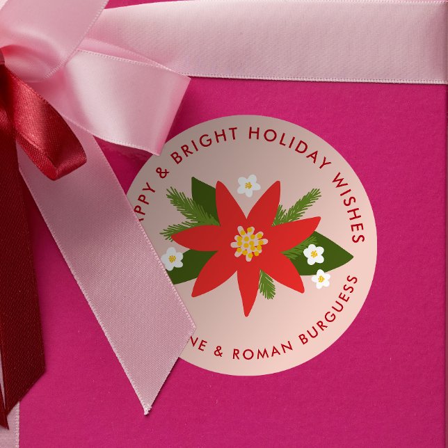 Sticker Rond Soft rose rouge Poinsettia cadeau de Noël (soft shell pink modern poinsettia custom text Christmas gift sticker)