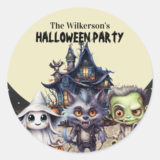 Sticker Rond Soirée costumée d'Halloween et Maison hantée (Devant)