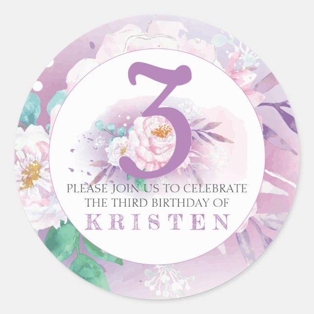 Sticker Rond Soirée d'anniversaire aux fleurs violettes élégant (Devant)