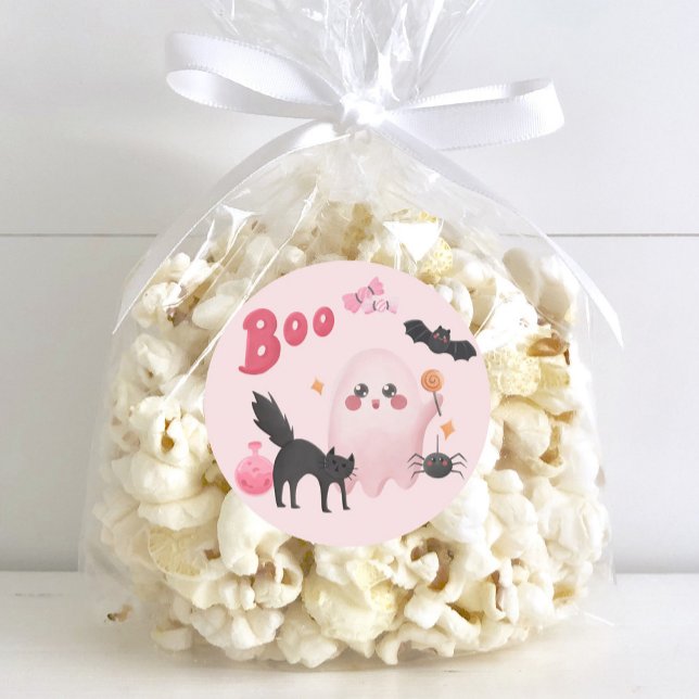 Sticker Rond Soirée d'Anniversaire rose (Cute Pink Halloween Birthday Party Classic Round Sticker)