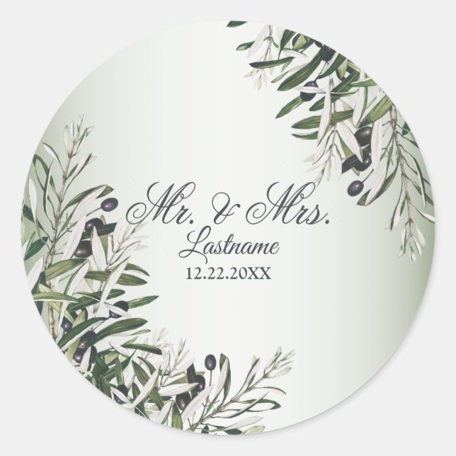Sticker Rond Soirée de mariage Vert Feuilles Noir Olive Élégant (Devant)