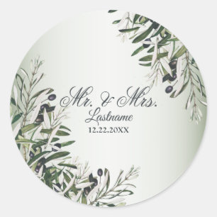 Sticker Rond Soirée de mariage Vert Feuilles Noir Olive Élégant